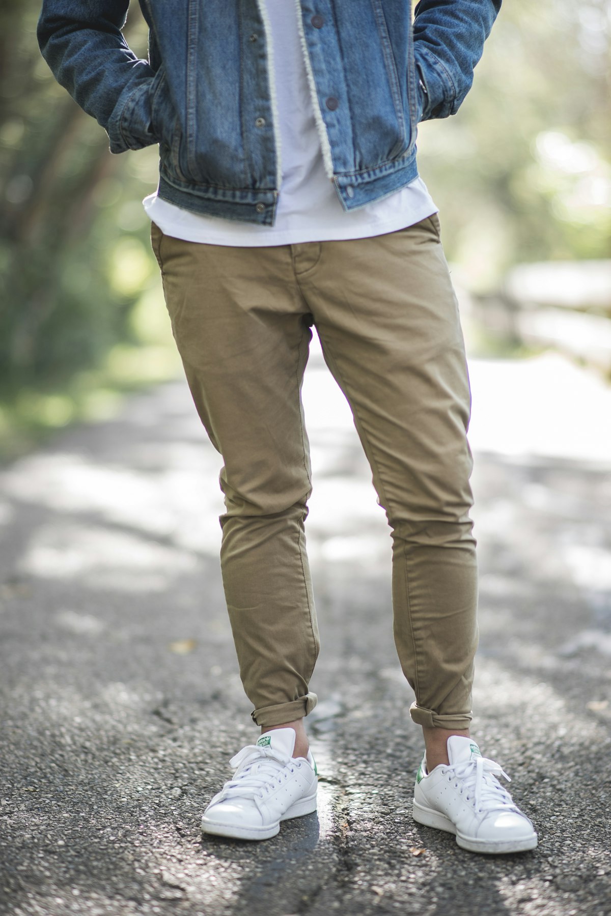 Pair of slim chino trousers folded neatly